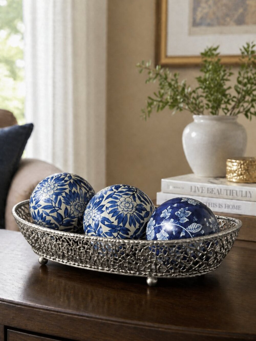 Blue and White Decorative Ball Basket Accent